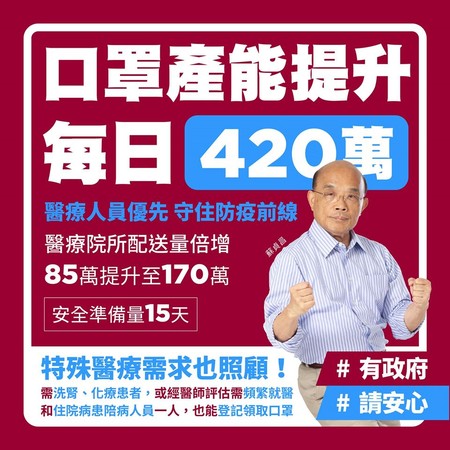 ▲▼蘇貞昌表示，國內醫用口罩產量提升至每日420萬。（圖／翻攝自蘇貞昌臉書粉專）