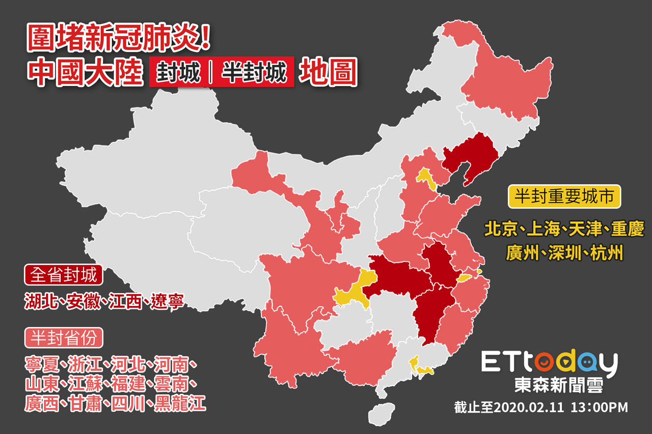 ▲中國大陸新冠肺炎封城全圖。（圖／黃麒文 製作）。