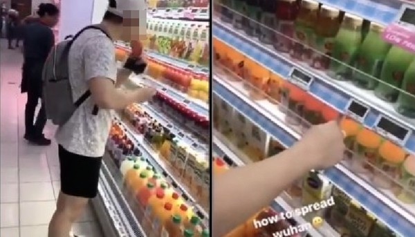 飲料喝一口放回超市架上　噁男拍片示範「如何傳遞武漢肺炎」。（圖／翻攝自Twitter）