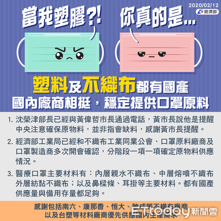 ▲經濟部今（12）日發文表示，口罩的主要原料是不織布，不織布則是塑膠製品，強調原料都有國產。（圖／經濟部提供）