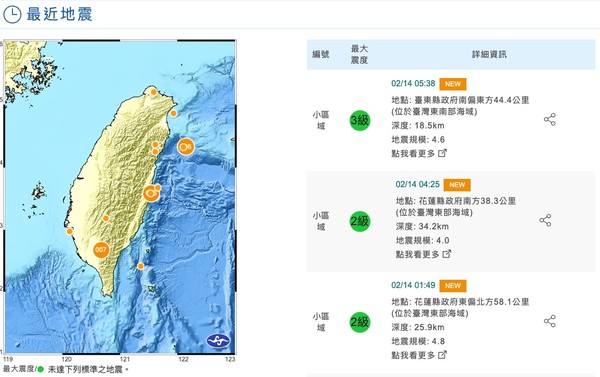 ▲▼花東一夜3震。（圖／翻攝中央氣象局）