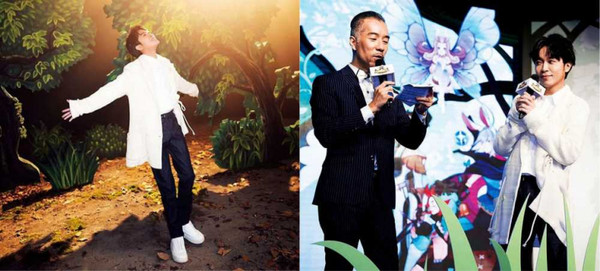 青峰拍攝電玩廣告與記者會穿著同套衣服，與主持人張兆志在台上鬥嘴。（圖／翻攝兩人臉書）