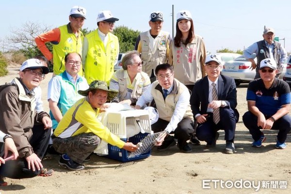 ▲台南市長黃偉哲與生態保育學會、特有生物研究保育中心等相關保育單位人員，歡送康復的黑琵回歸大自然。（圖／記者林悅翻攝，下同）