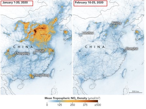 ▲NASA拍出兩個月來的中國空汙對比圖。（圖／翻攝自NASA）