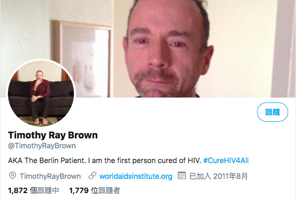 ▲53歲的布朗（Timothy Ray Brown）是首位治癒愛滋病的患者。（圖／翻攝自推特／@Timothy Ray Brown）