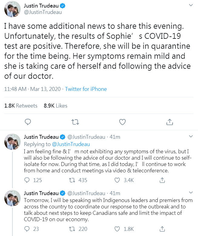 ▲▼  加拿大總理杜魯道發文說明妻子確診 。（圖／翻攝自推特／JustinTrudeau）
