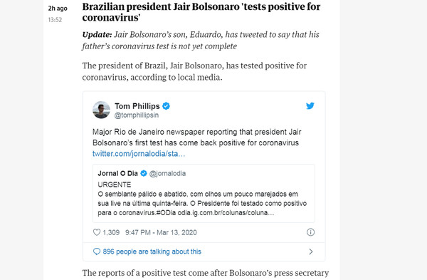 ▲▼媒體報導巴西總統染疫。（圖／取自衛報網站）