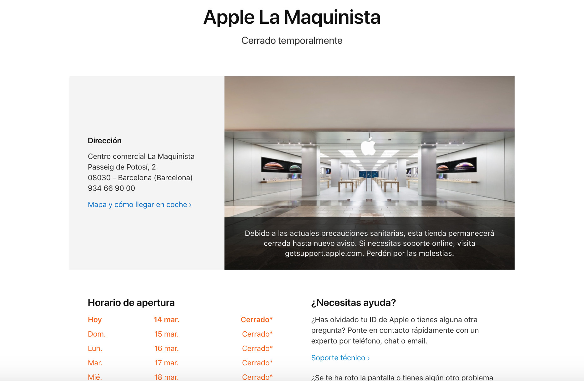 ▲▼根據Apple西班牙官網中顯示，當地所有門市都將都將關閉。（圖／翻攝自Apple西班牙官網）