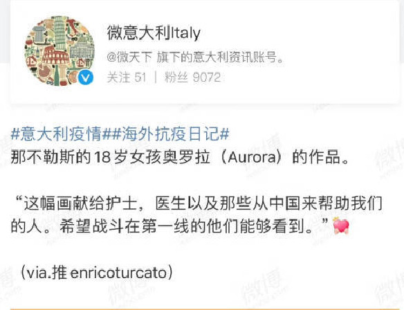 ▲▼義大利18歲女孩用畫作感謝中國雪中送炭。（圖／翻攝　微義大利Italy）
