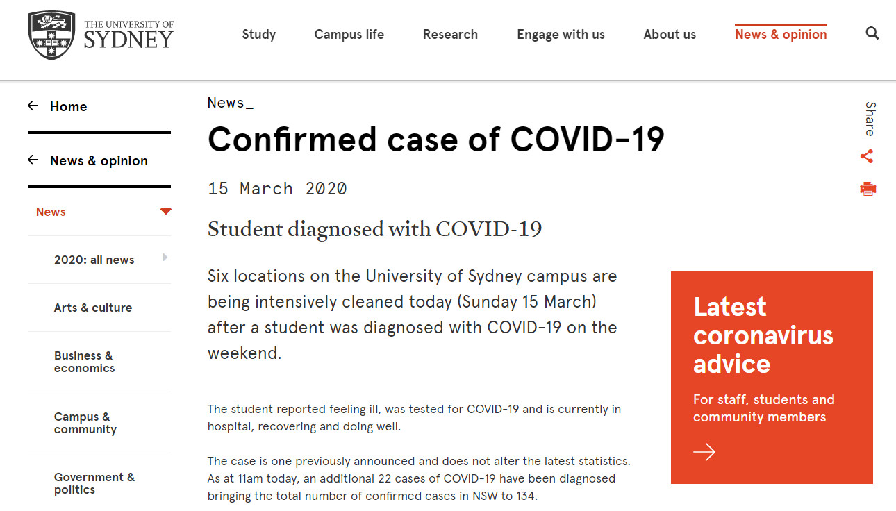 ▲▼ 澳洲雪梨大學15日證實，該校一名學生感染新冠肺炎（COVID-19）。（圖／翻攝自雪梨大學官網）