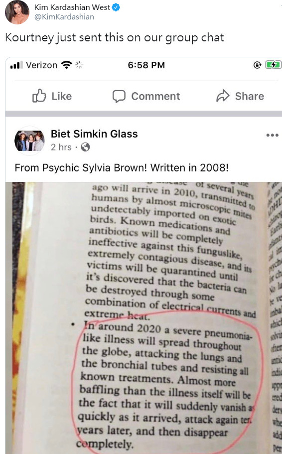 ▲▼金卡戴珊PO出靈媒Sylvia Brown 2008年預言2020將會爆發致命肺炎書籍。（圖／翻攝自IG／Twitter）