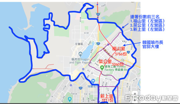 ▲罷韓連署書份數前三名，都在韓國瑜市長官邸大樓所在地左營區             。（圖／記者吳奕靖繪）