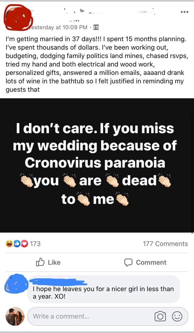 「自私準新娘」怕疫情影響婚宴　向親友發文落狠話：不來我就當你死了