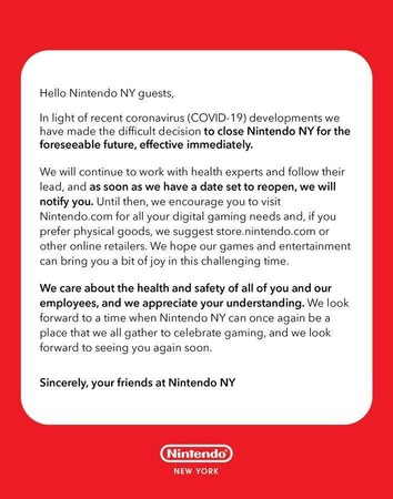 任天堂紐約旗艦店停業公告。（翻攝自Nintendo New York FB）
