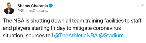 ▲查拉尼亞(Shams Charania)指出，NBA將於當地時間週五開始，關閉所有球隊的訓練場館， 。（圖／翻攝自推特／Shams Charania）