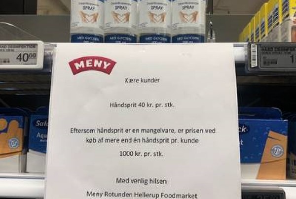 乾洗手第二罐「比原價貴25倍」　丹麥超市用這招防恐慌性囤貨！（圖／翻攝自twitter／Schuermann）