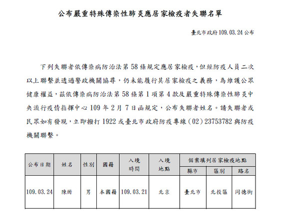 ▲▼北市府24日再公布一名失聯居家檢疫者。（圖／台北市政府提供）