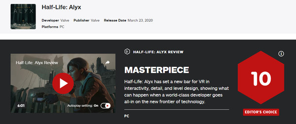 ▲半條命的VR轉生　《Half-Life: Alyx》媒體評鑑獲IGN滿分。