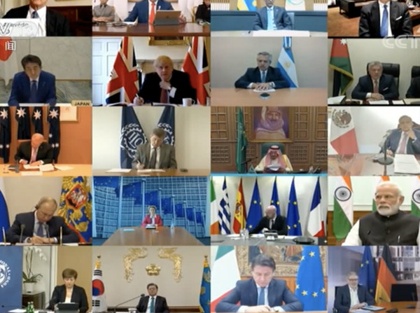 ▲G20成員國領袖歷史性同框，透過視訊開會。（圖／翻攝央視）
