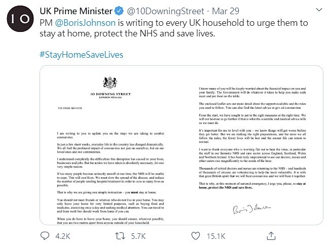 ▲▼英國首相強生的一封信。（圖／翻攝自Twitter／UK Prime Minister）