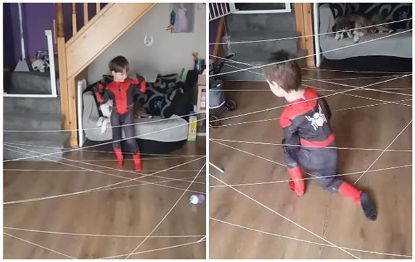 ▲克萊兒將家裡改造成蜘蛛人的窩，兒子玩得很開心。（圖／翻攝自當事人臉書）