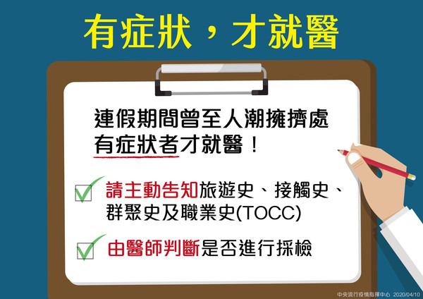 ▲▼連假出現症狀應主動通報。（圖／中央流行疫情指揮中心提供）