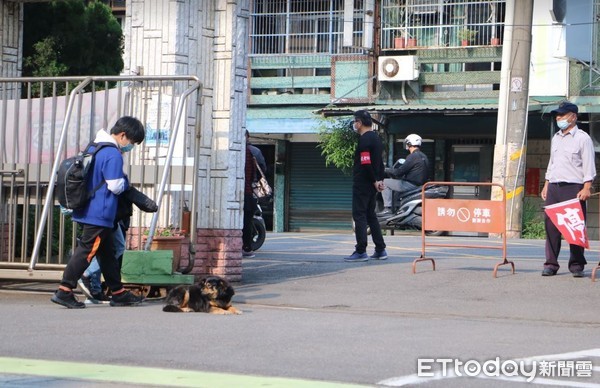 ▲通通給我量體溫！校犬「門口監督」小學生排隊　老師讚：防疫生力軍。（圖／網友Hsiaosheng Chung提供，請勿隨意翻拍，以免侵權。）