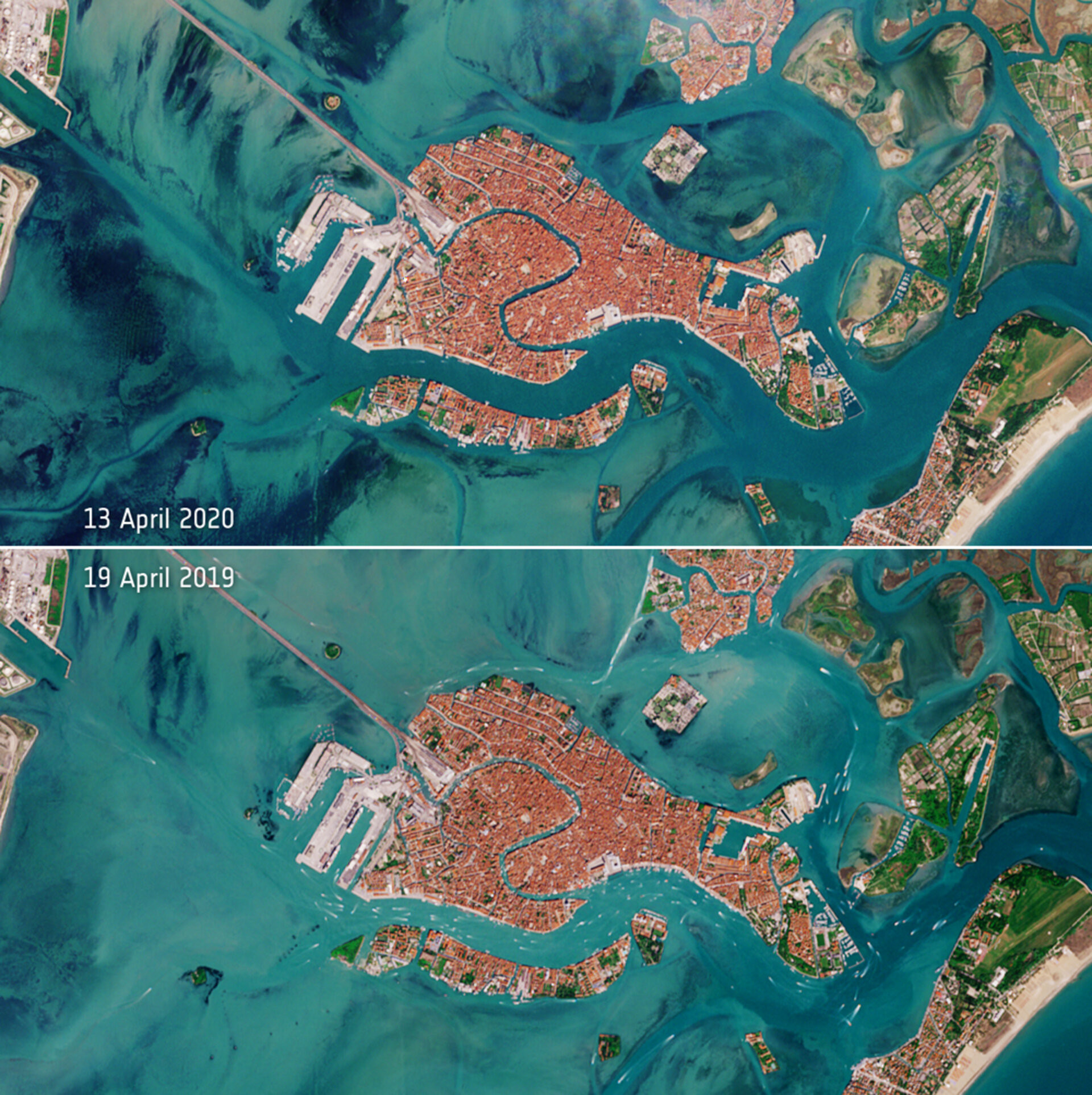 ▲▼歐洲太空總署 （European Space Agency）公布威尼斯空拍對比照，顯示疫情讓河道上航行的船隻銳減。（圖／記者張靖榕攝）