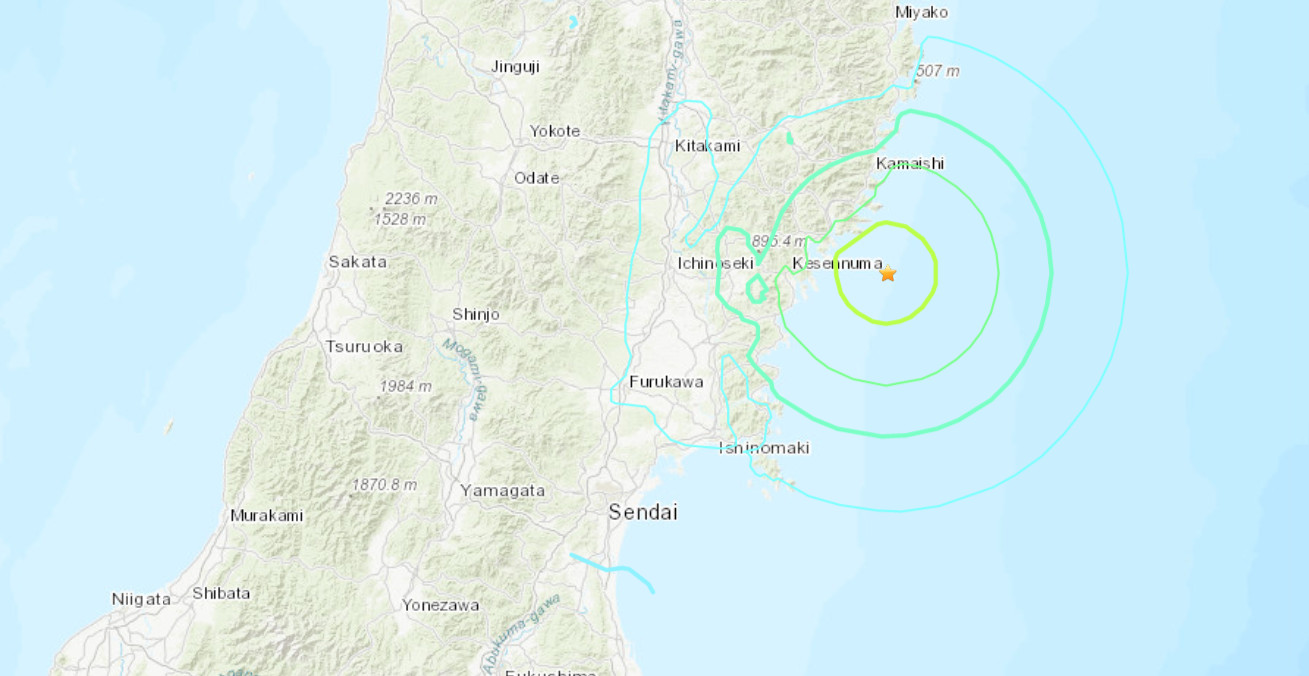 ▲▼日本宮城縣外海規模6.4地震　距離岸邊不到50公里。（圖／美國地質調查所USGS）