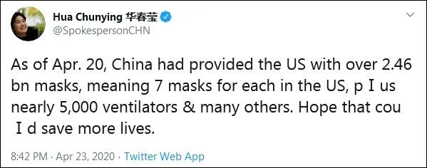 ▲大陸外交部發言人華春瑩在推特上發文，稱中國已陸續提供逾24億個口罩給美國。（圖／翻攝華春瑩twitter）