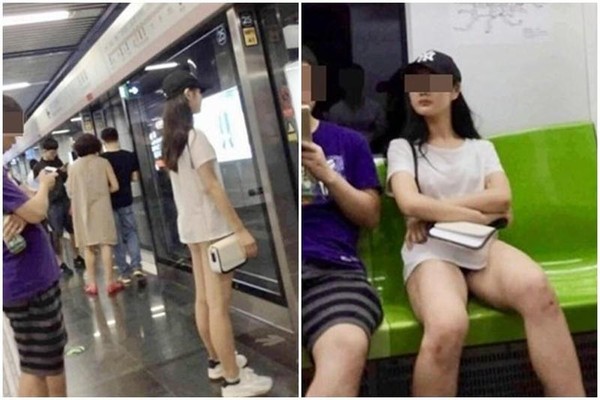 長腿正妹出門竟沒穿內褲，讓一同搭地鐵的網友看的小鹿亂撞。（翻攝自微博）