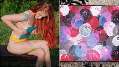 女體作畫好害羞！正妹藝術家用「歐派印畫布」　買畫附贈創作過程影片