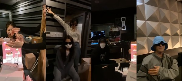 ▲BLACKPINK、TEDDY、GD齊聚錄音室。（圖／翻攝Jennie IG LIVE）