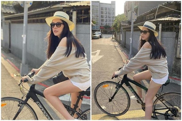 許瑋甯昨在Instagram曬出數張騎著單車的照片，一雙雪白長腿，輕露香肩。（翻攝自AnN HsU 許瑋甯Instagram）