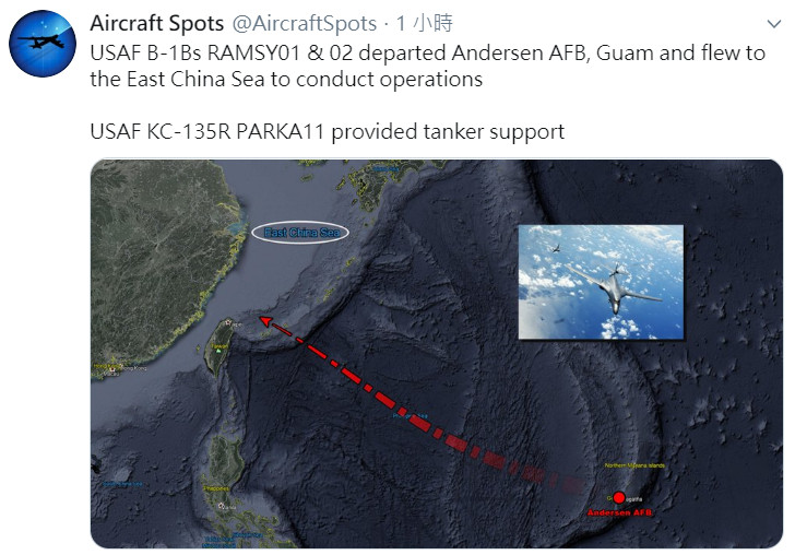 ▲▼B-1B轟炸機現台灣東北方海域。（圖／翻攝推特／飛機守望）