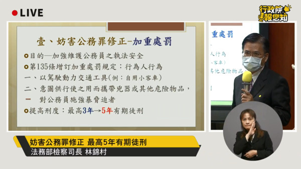 ▲政府修法於《刑法》第135條增訂「加重妨害公務罪」。（圖／翻攝自YouTube／行政院開麥啦-2）