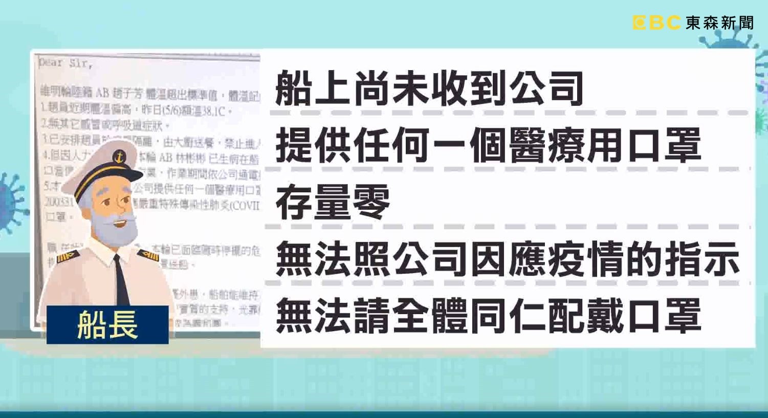 ▲▼有人發燒、沒口罩用」 陽明貨輪船長發求救信。（圖／東森新聞）