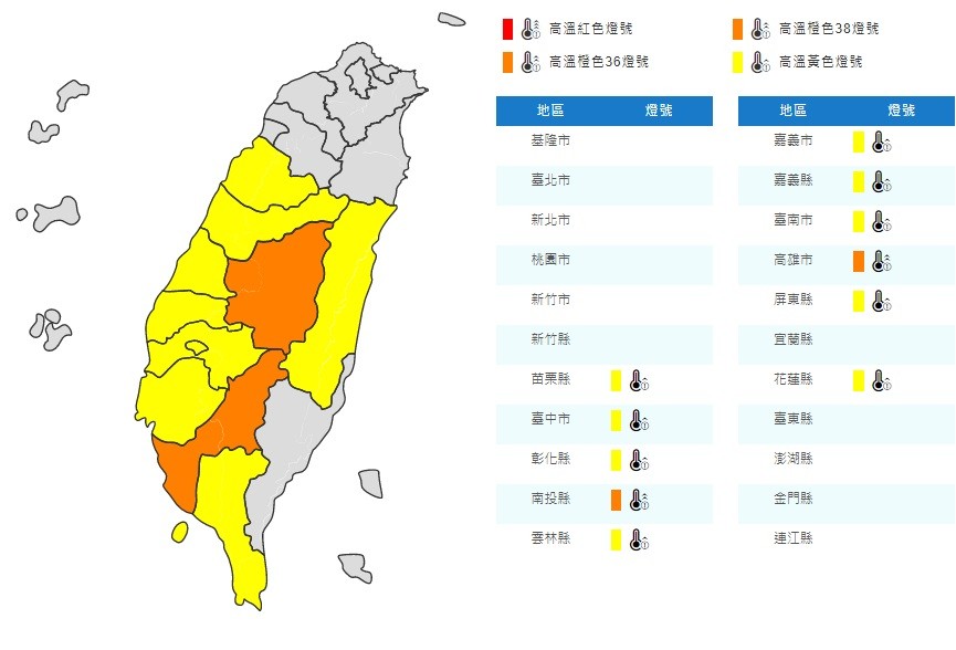 ▲▼高溫燈號。（圖／中央氣象局）