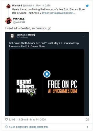 Epic  Games在Twitter提前披露消息，但隨即刪除貼文。（翻攝Twitter）