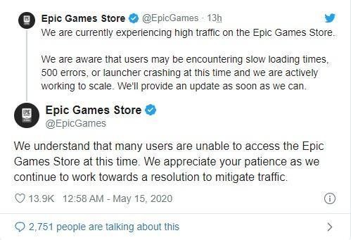 Epic  Games在Twitter緊急表示會搶修商城。（翻攝Twitter）