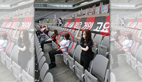 南韓足球職業聯賽的FC首爾隊，以情趣玩偶充當「應援觀眾」引發爭議。（翻攝自@WhoAteTheSquid推特）