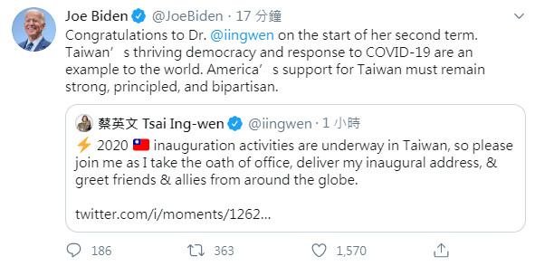 ▲▼美國民主黨總統候選人拜登（Joe Biden）祝賀總統蔡英文就職。（圖／翻攝自推特）