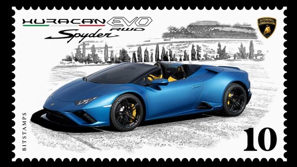 ▲藍寶堅尼推出後驅小牛Huracan Evo RWD Spyder數位郵票。（圖／翻攝自Lamborghini）