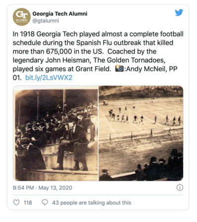 ▲▼     1918年流感大流行，美國仍舉行大學美式足球賽事        。（圖／翻攝喬治亞理工推特）