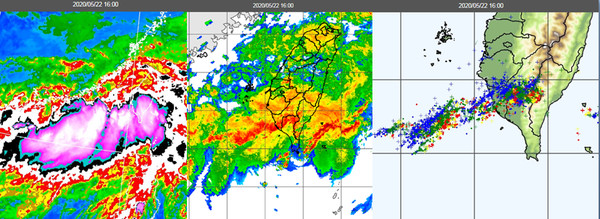▲▼昨(22日)16時紅外線雲圖(左圖)顯示，廣東海面至台灣南部有成串的「中尺度對流系統」，而其雲頂溫度低於-80.2度，代表強對流已衝過「對流層頂」。雷達回波合成圖(中圖)則呈現東西向條狀回波，氣象上稱之「列車狀回波」(train echo)，伴隨密集閃電(右圖)。。（圖／翻攝「三立準氣象· 老大洩天機」）
