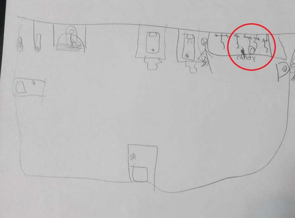男童畫出事發當天園長跟他進到廁所，先給他糖果後強行脫褲並撫摸生殖器的示意圖。（圖／讀者提供）
