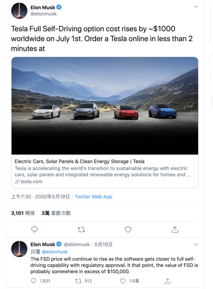 ▲特斯拉執行長推文宣布調漲自動駕駛系統選配售價。（圖／翻攝自twitter／Elon Musk）