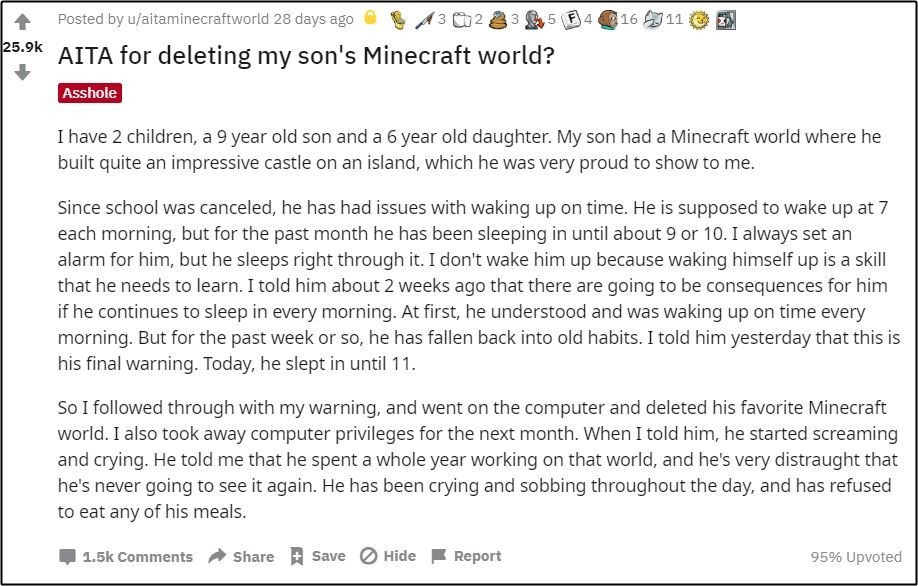▲▼刪掉9歲兒子的Minecraft　「警告他別再賴床」美國爸被狠批沒人性。（圖／翻攝自reddit）