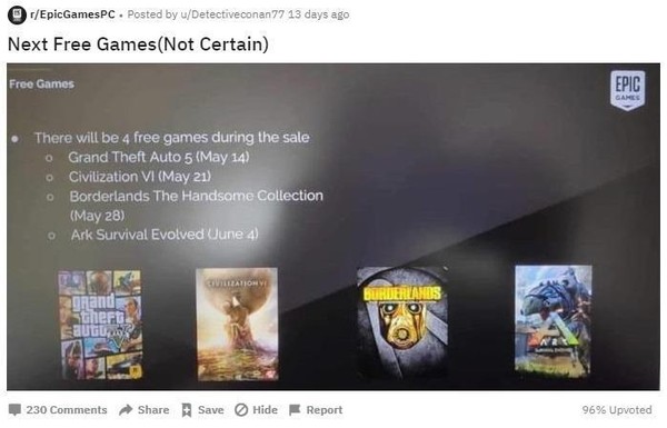網友在Reddit爆料Epic Games將贈送的免費遊戲。（翻攝Reddit）