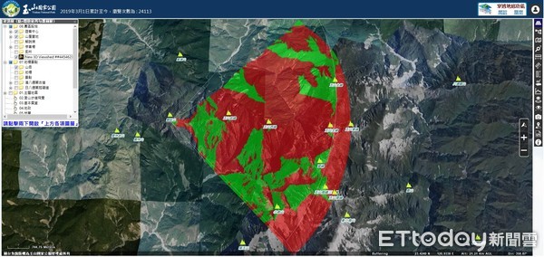 ▲▼玉管處建置的「玉山3D圖台」，圖為玉山登山口之720度環景影像，及步道視分析。（圖／玉管處提供，下同）